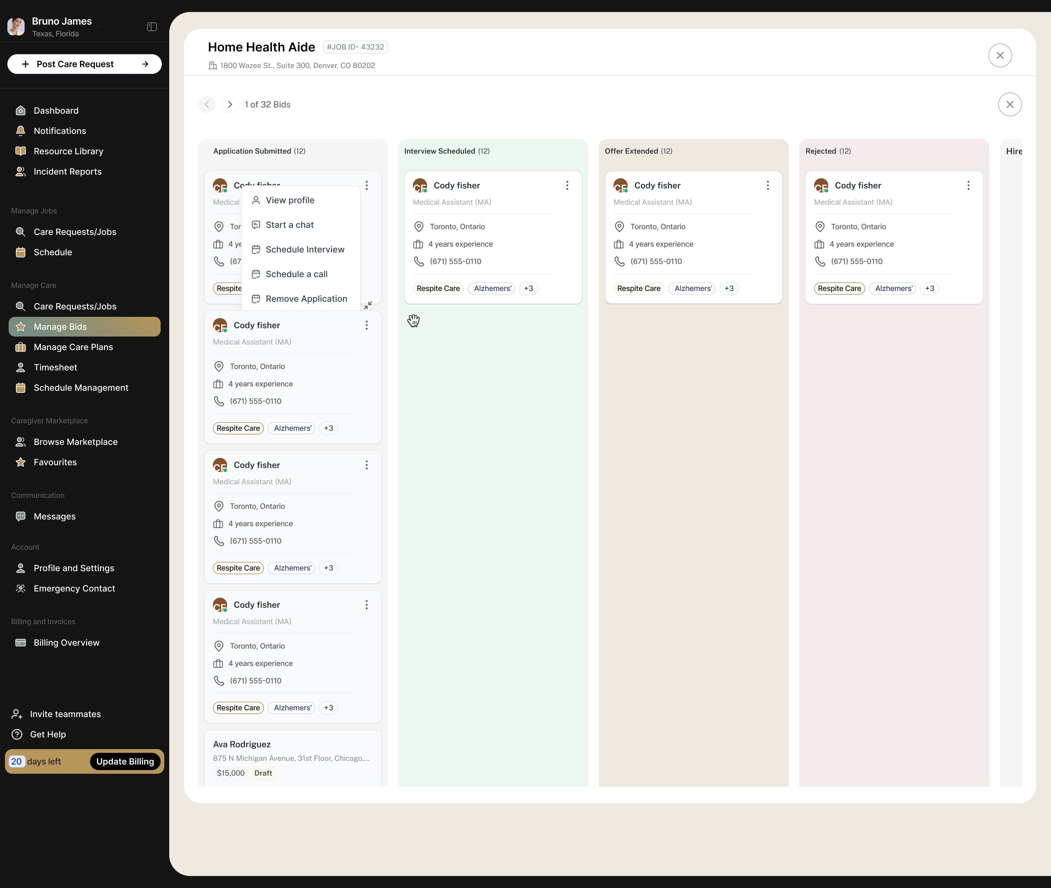 Every applicant moves across one board: applied, interview scheduled, offer extended, rejected, hired.