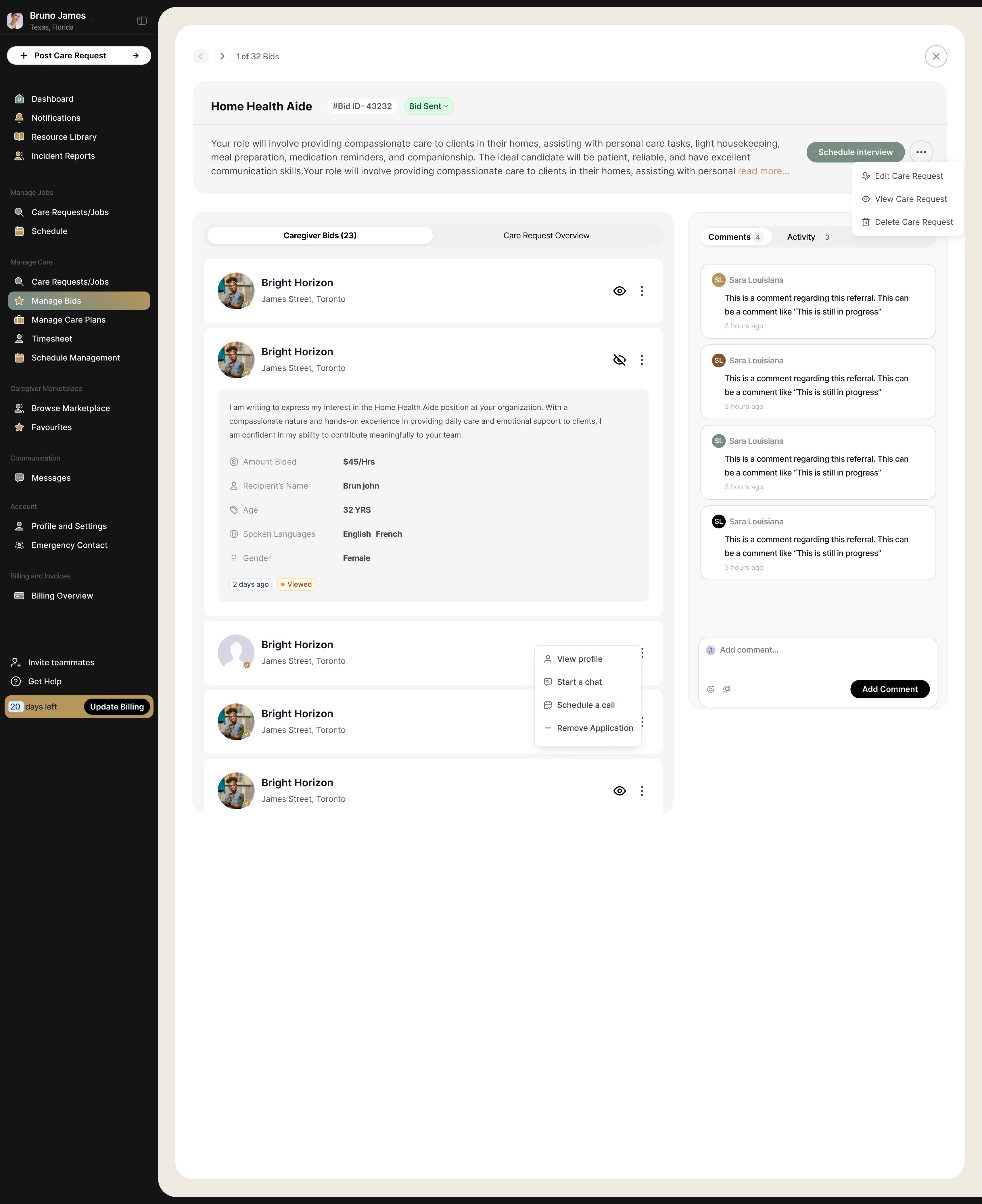 The request as the family sees it once it is live: the overview on the left, caregiver bids underneath, and a comment thread beside it.