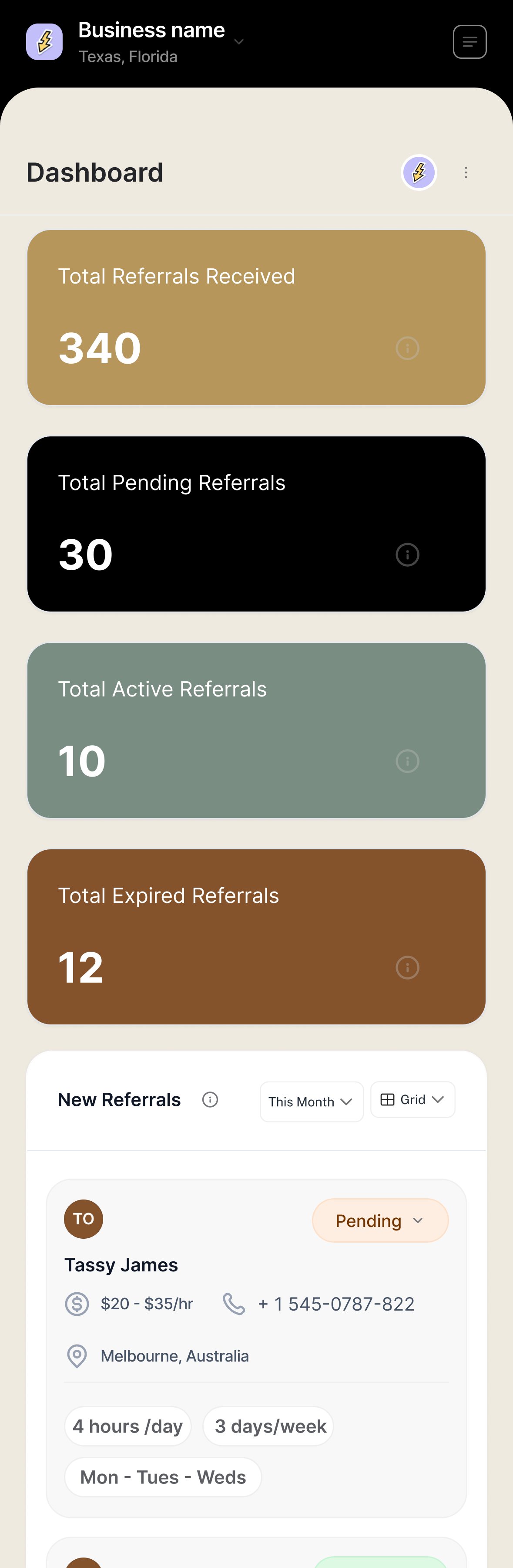 The same four counts on mobile: 340 referrals received, 30 pending, 10 active, 12 expired.