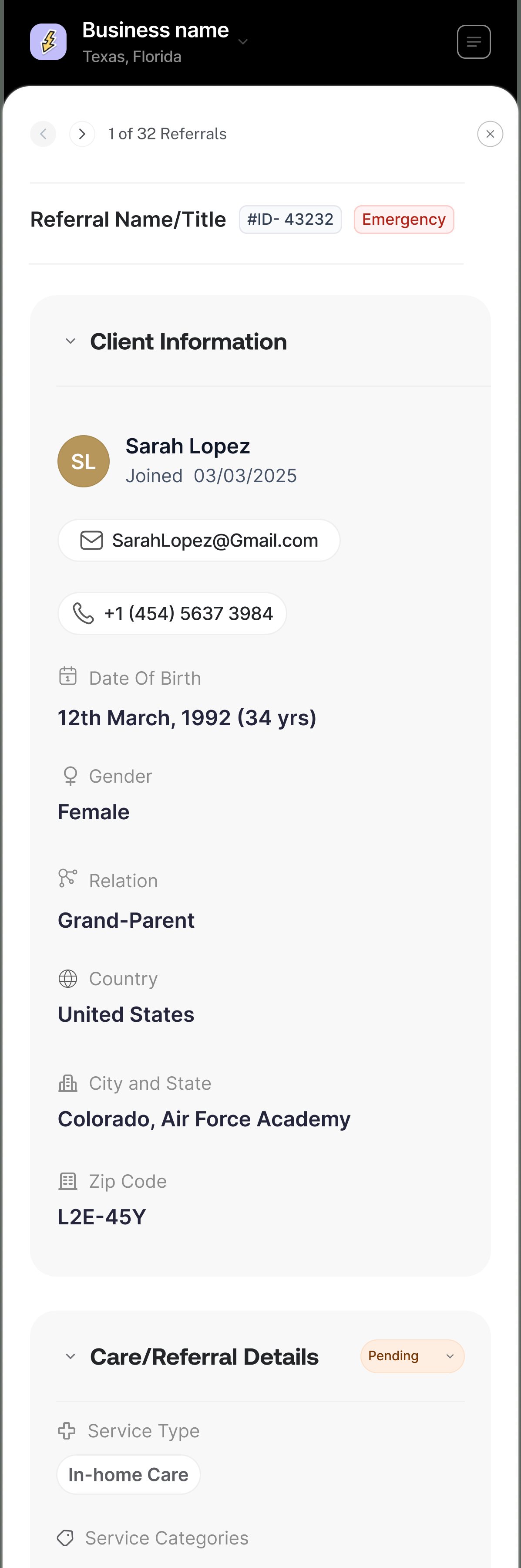 A referral marked Emergency, with the client information and the care details under it.