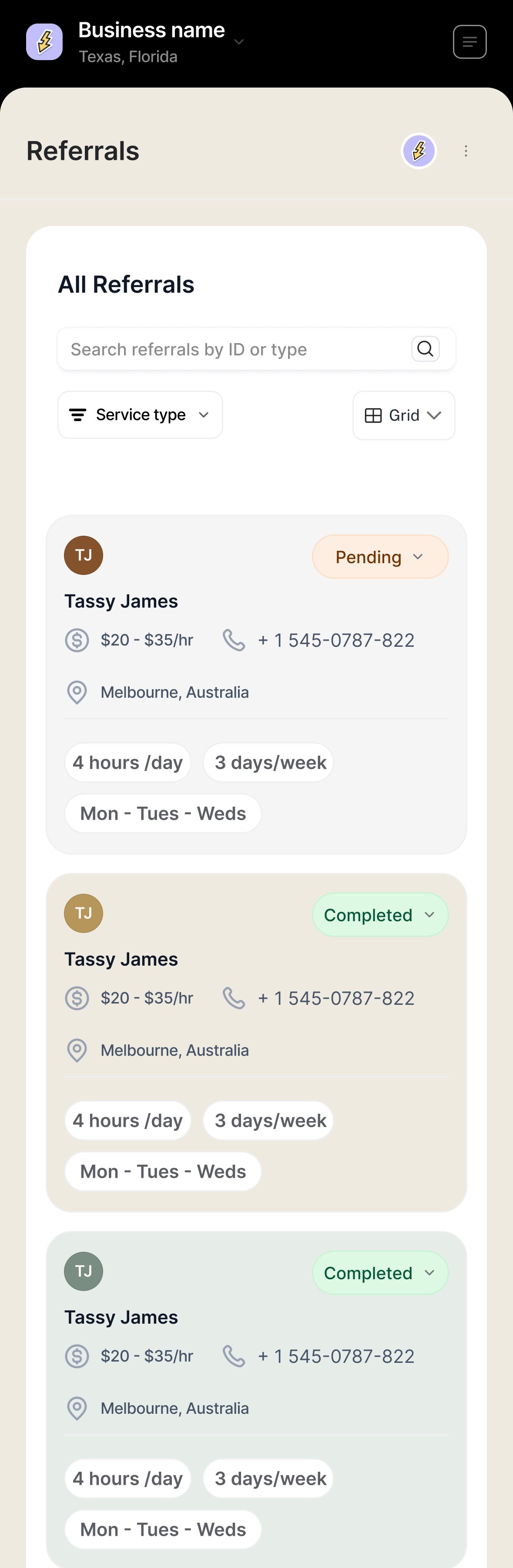 Referrals as cards, each carrying rate, hours, days and status.