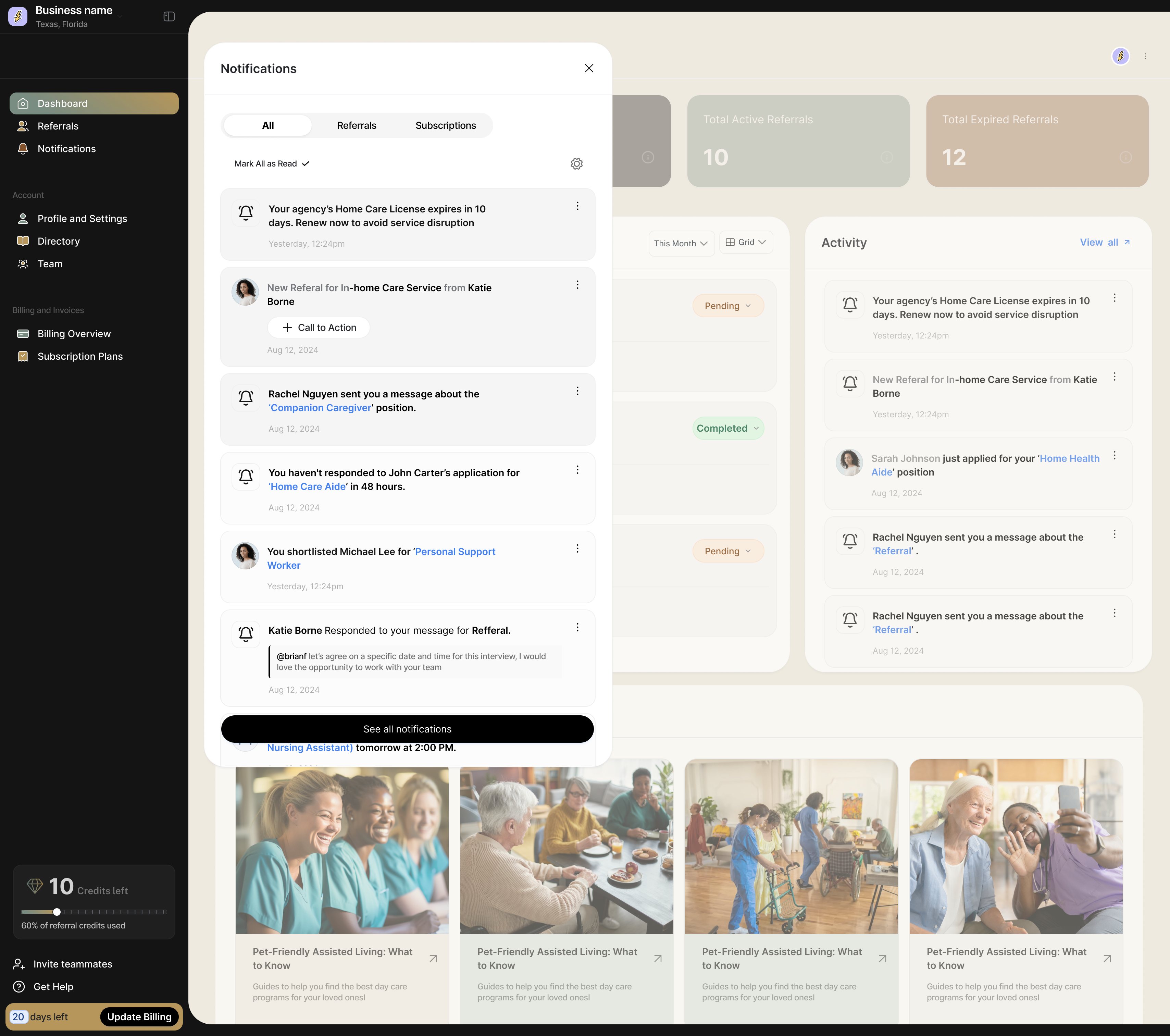 A provider’s notifications: new referrals, bids and replies