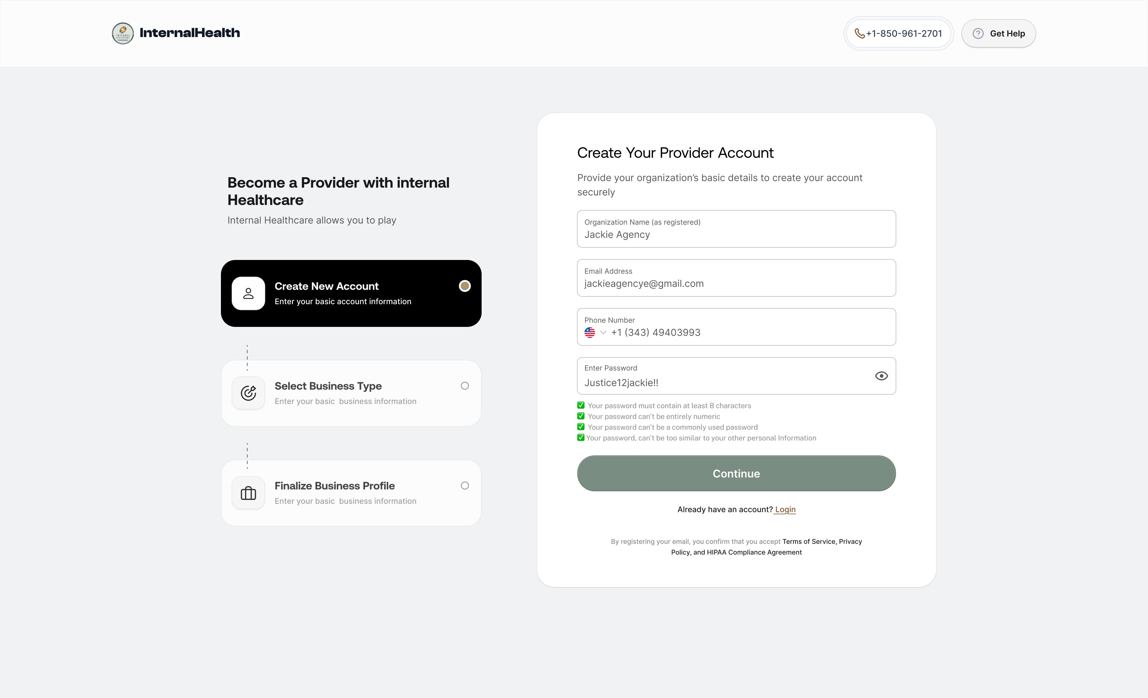Step one of the sign-up, with the checklist down the left staying in place the whole way through.