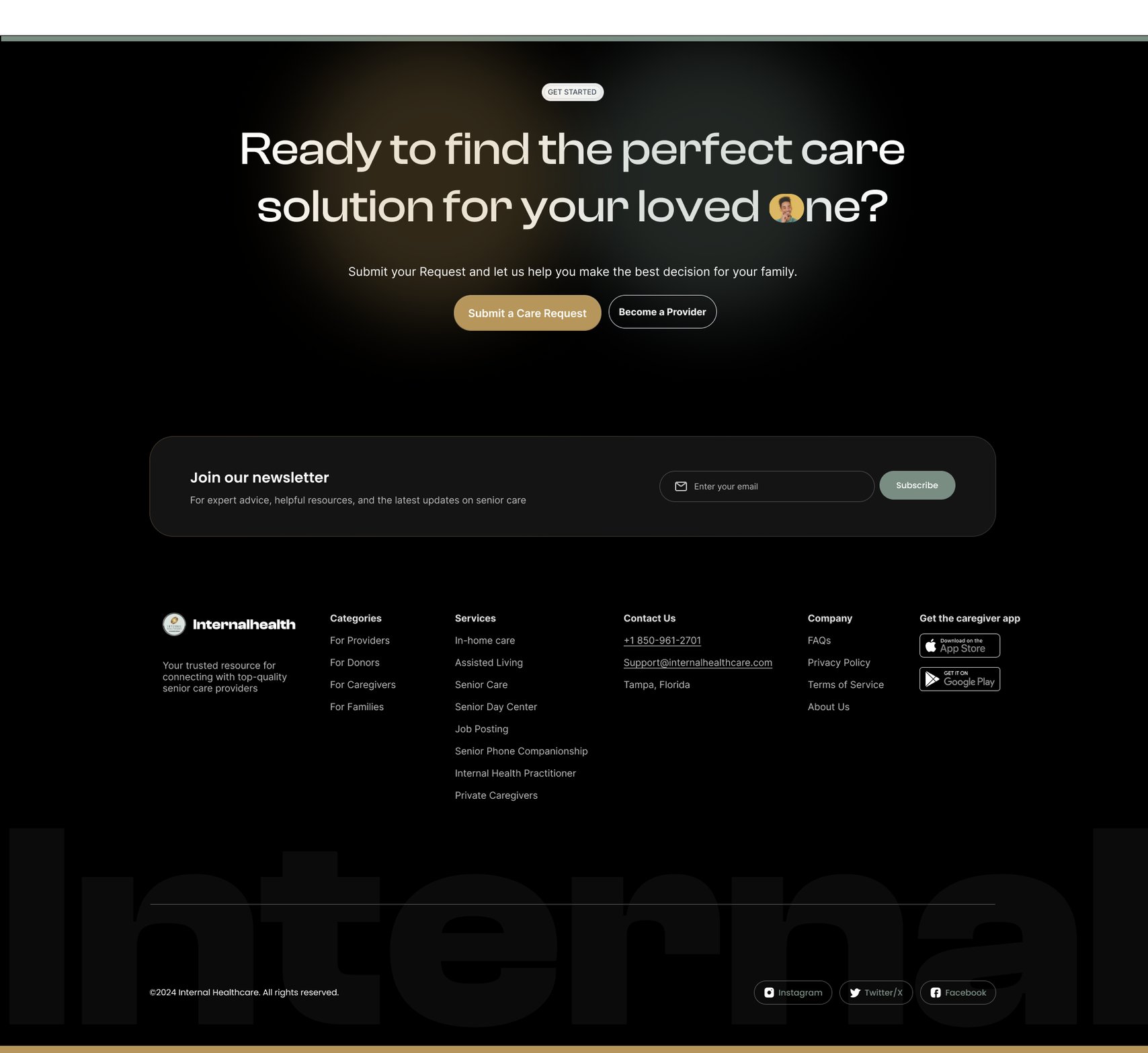 The care request repeated at the end, with the newsletter and the rest of the site underneath.