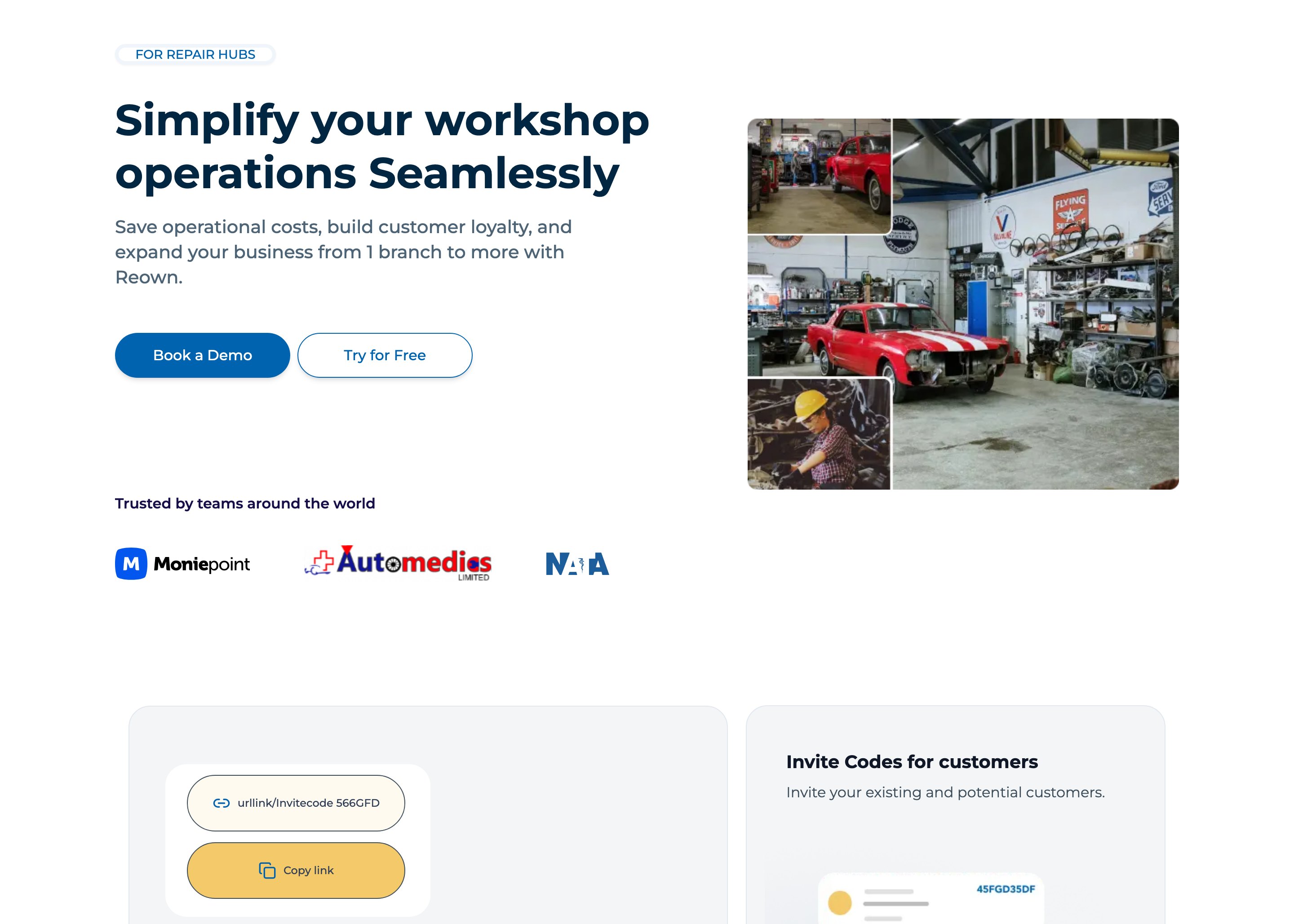 The repair-hub page: what a workshop gets, and who already runs on it.
