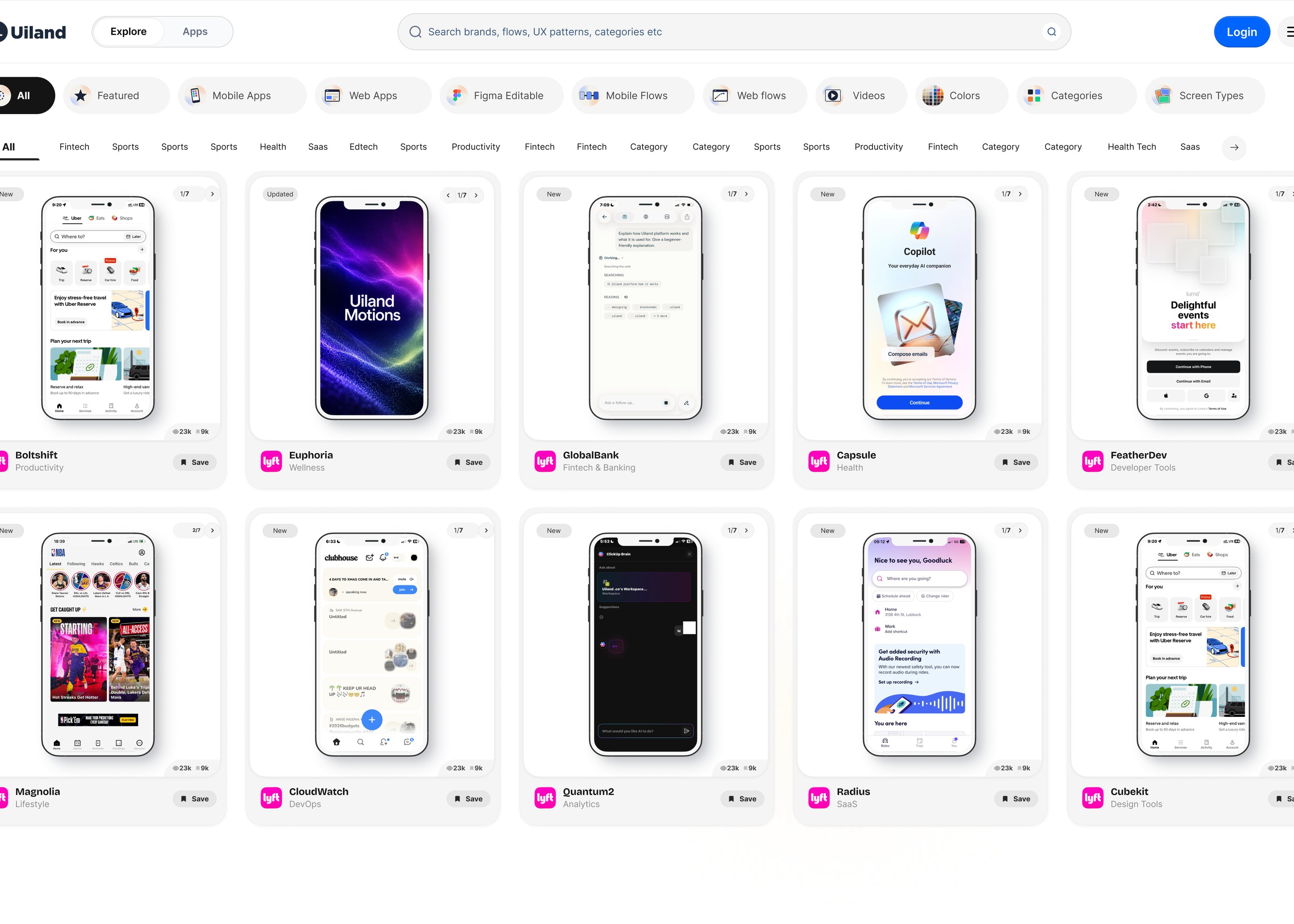 Browsing every app in the index, by category and screen type