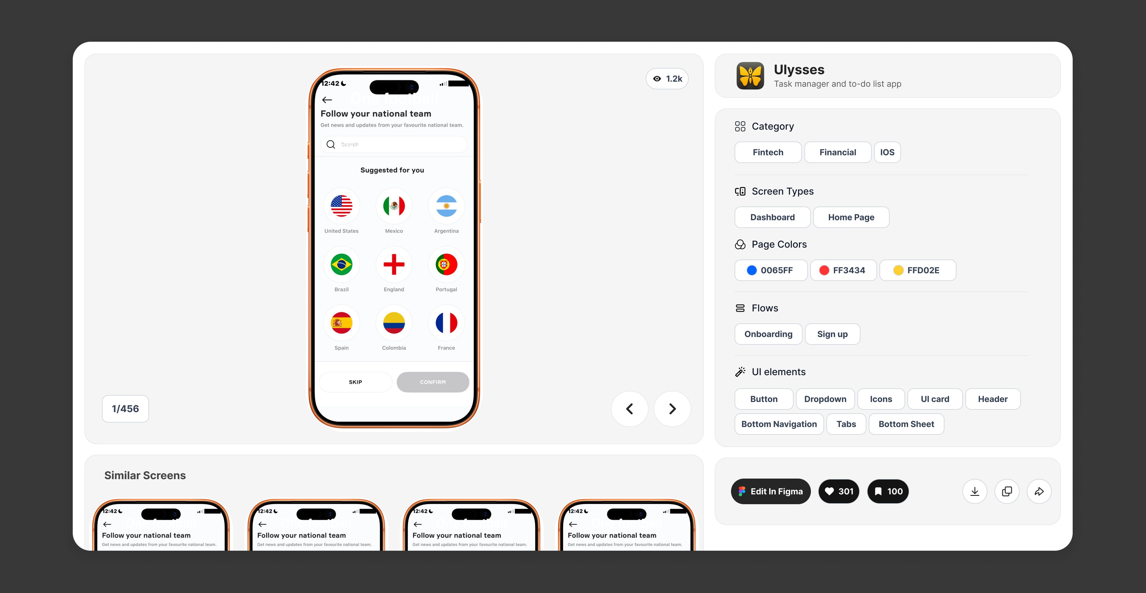 One screen opened up. The screen on the left with 1 of 456 and its similar screens underneath; on the right everything it is tagged with (category, screen types, the palette it uses, the flows it belongs to, and every UI element on it), then Edit in Figma.