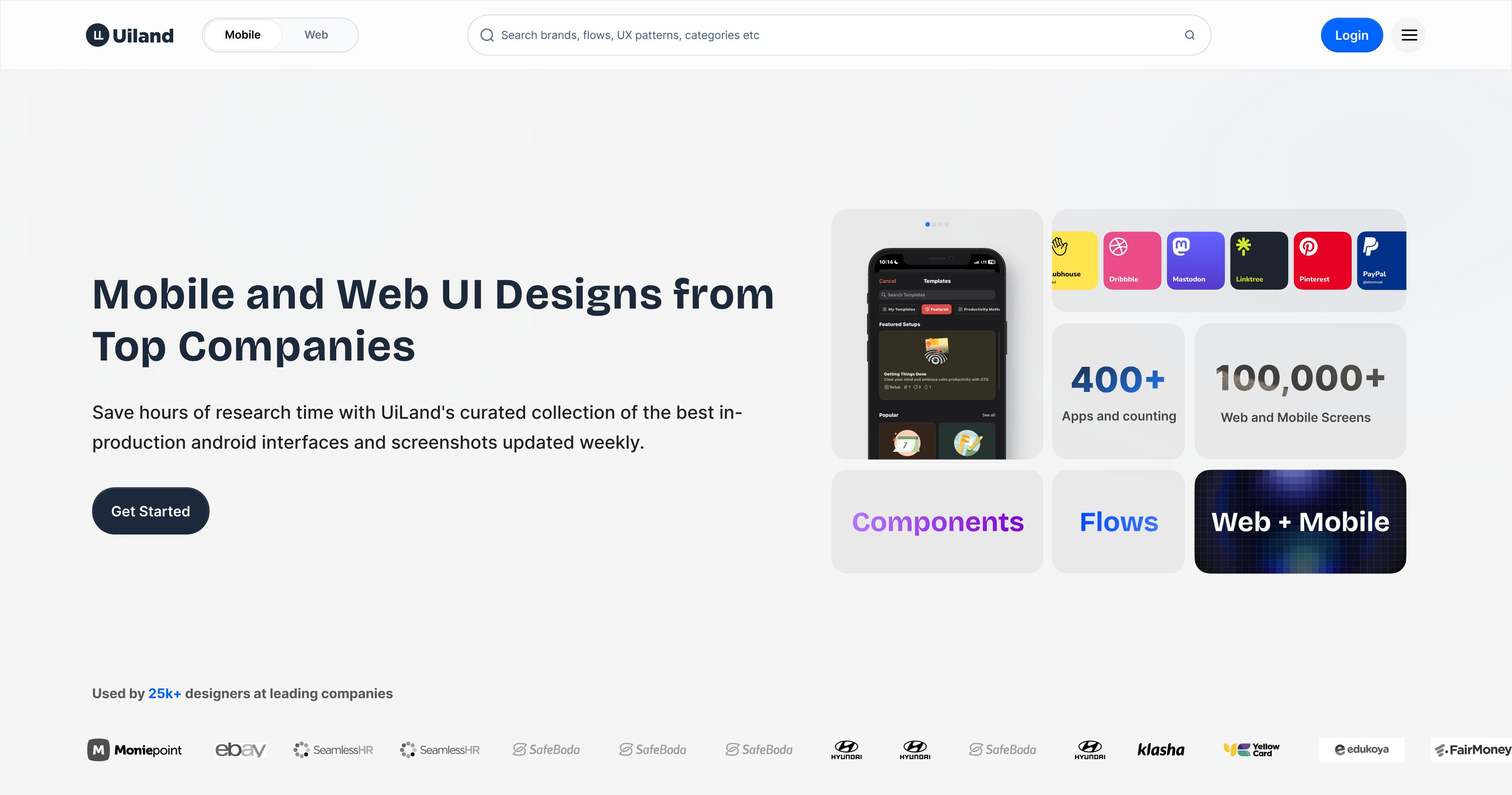 The Uiland homepage as designed: the hero and search, 400+ apps and 100,000+ screens, the Components, Flows and Web + Mobile entry points, the brands covered, and the filter rail above the grid.