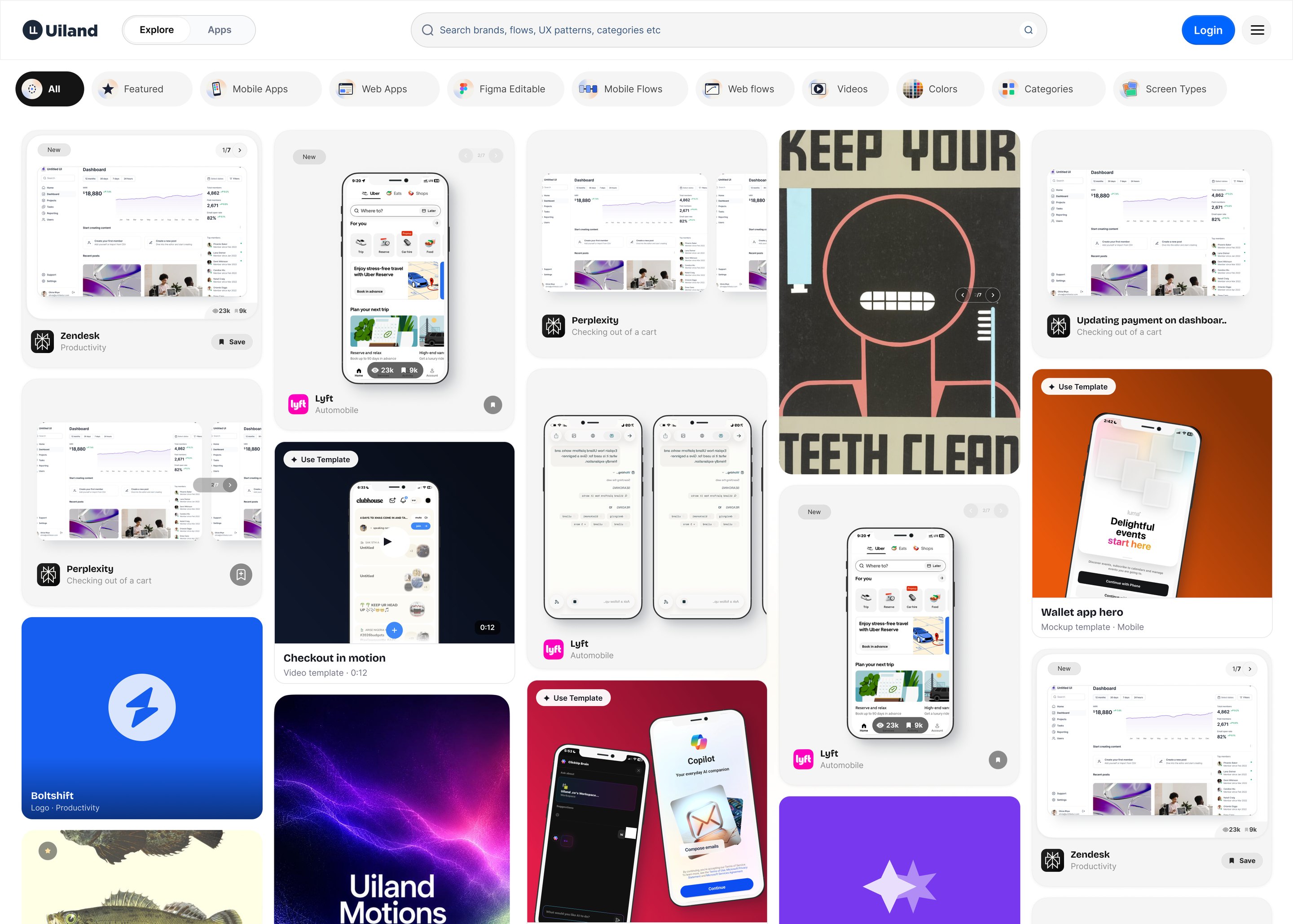 Uiland’s home: app screens, logos, colours and websites in one grid
