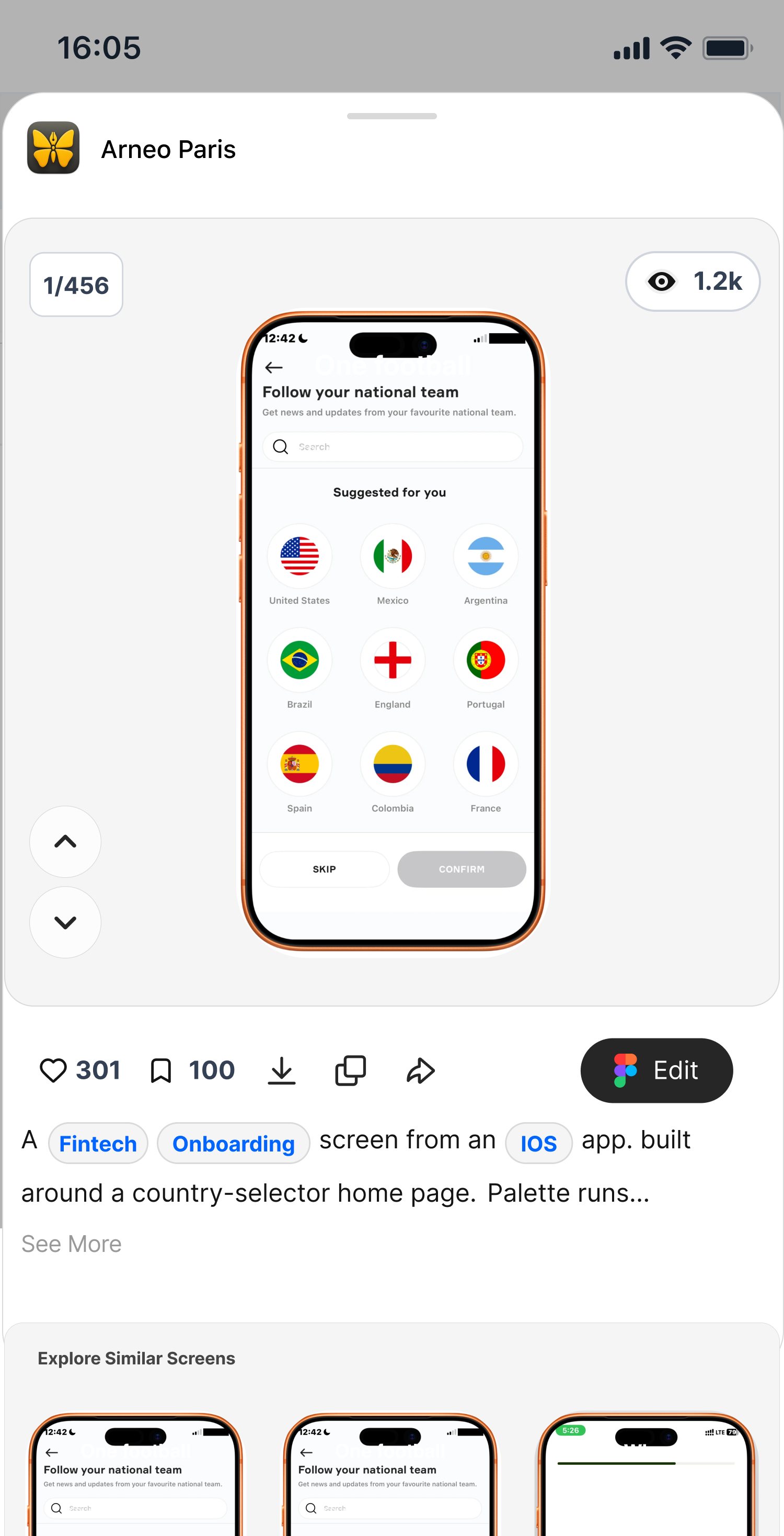 And as a sheet: the product, the 1-of-456 counter, likes, saves, downloads and copies, Edit in Figma, then Explore Similar Screens underneath.