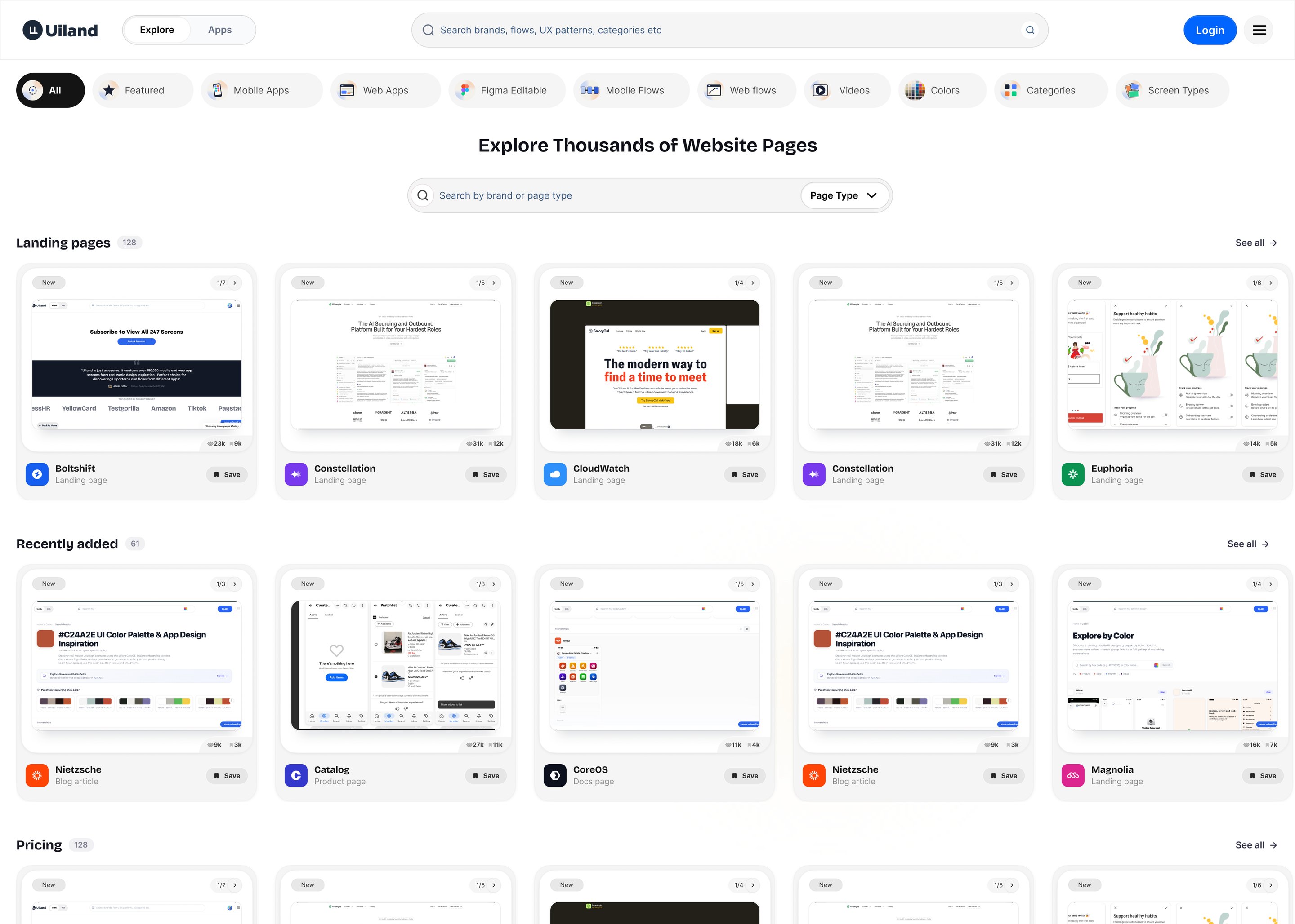 Website pages, grouped by landing pages, recently added and pricing